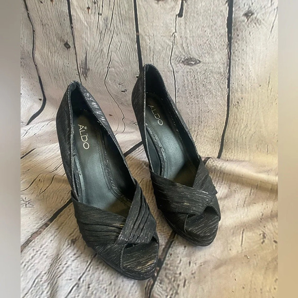 Women’s Aldo Disco Diva Black Silver Metallic Peep Toe Platform Heels‎ 40 Size 9 - Picture 3 of 14